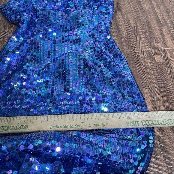 Vintage 90s Iridescent Blue Sequin Open Back Slit Dress by Robert Anthony Size 6 - Picture 9 of 9